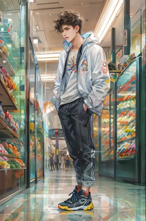 (masterpiece, top quality, best quality, official art, beautiful and aesthetic:1.2), boy, handsome, perfect detailed face, a boy in sporty clothes, warm tones, highest quality art, (perfect face), shiny skin, HDR, detailed surroundings, inside a shopping m...