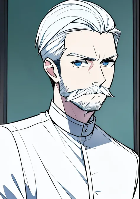 Young Adult male, white and tender skin, pale blonde slicked back combed short hair, kaiser mustache, ducktail beard, steel blue eyes, green and slightly mature, serious and emotionless facial expression, wearing white bottom long sleeve shirt with collar,...