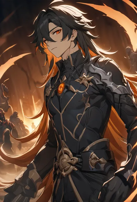 ((solo)), (man), dark orange eyes, black hair, very long hair, messy hair, dark orange colored inner hair, a close up of a person with a sword in a desolate land surrounded by demons and monsters, a burning battlefield, detailed key anime art, honkai star ...