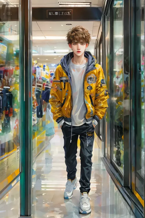 (masterpiece, top quality, best quality, official art, beautiful and aesthetic:1.2), boy, handsome, perfect detailed face, a boy in sporty clothes, warm tones, highest quality art, (perfect face), shiny skin, HDR, detailed surroundings, inside a shopping m...