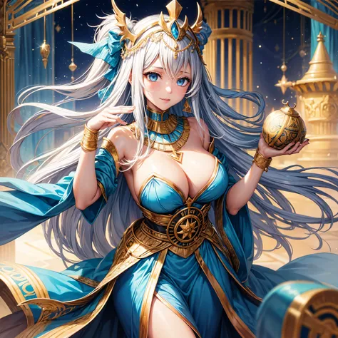 whitening　gray hair　long hair　blue eyes　smile　tiara　green egyptian costume　beauty　sexy　big breasts　mature　whole　Mysterious　charm　charm-like　i don&#39;t&#39;I do not think so.　pyramid　valley key　beautiful breasts　cover your mouth　fortune teller　holding taro...