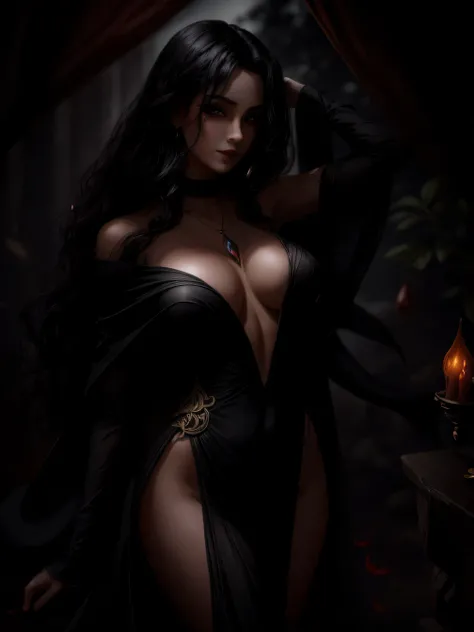 Gliding silently through the darkness of the night, a vampire of stunning beauty walks elegantly. Her slender, graceful body is wrapped in a long black dress, which flows in the wind as she moves. Her midnight-black hair falls in perfect waves over her pal...