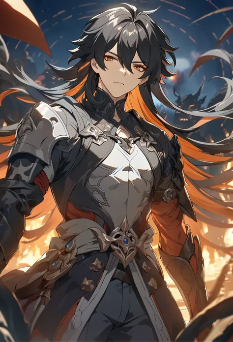 ((solo)), (man), dark orange eyes, black hair, very long hair, messy hair, dark orange colored inner hair, a close up of a person with a sword in a desolate land surrounded by demons and monsters, a burning battlefield, detailed key anime art, honkai star ...