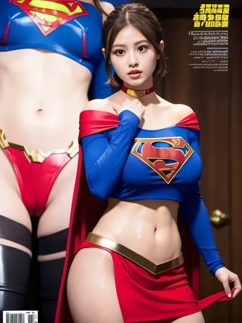 masterpiece、supergirl costume、short hair、enamel boots、big and full breasts、off shoulder、Crisis situation、Press conference、model body shape、shiny、long sleeve、looking at camera、choker、red mini skirt、Weekly magazine cover、gravure magazine、sweaty、whole body、fr...