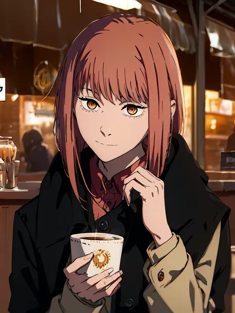 1 girl, solo, coffee shop, holding coffee in right hand, black coat, red shirt, shine eyes, son shinning, masterpiece, 8k