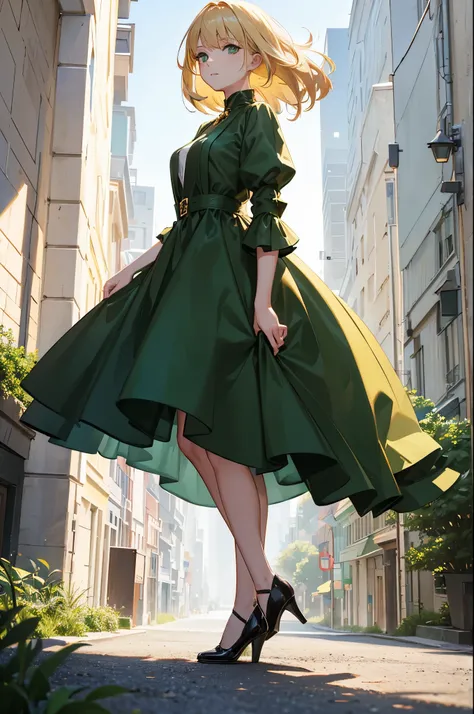 1woman, blonde hair, green eyes, dress, standing on ground, high res, ultra sharp, 8K, masterpiece