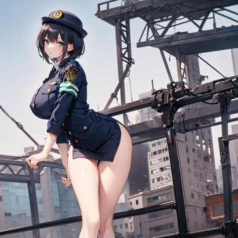 (solo:1.2), (1 policewoman), very tight miniskirt, thigh gap, highheels, narrow shoulders, (bursting disproportionately huge breasts:1.2), narrow waist, (slim hip), (skinny long legs), short hair, open legs