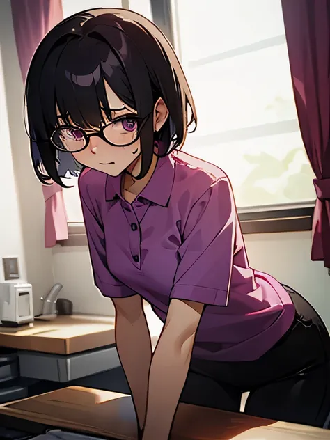 short hair, pubic hair, beautiful breasts, embarrassed, shy, anxious, dark hair, short sleeves, arm, in hospital, magenta polo shirt, no underwear, bending over, many men around, short clothes, bare chest, glasses