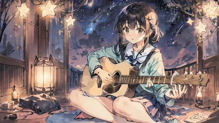 Girl sitting under the starry sky and playing the guitar、nostalgic、no background