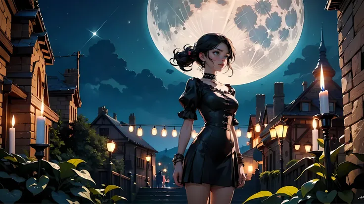 ((1girl)), long black hair, choker collar, bracelets, long Victorian style black dress, standing, dramatic pose, cowboy shot, gothic castle, night, nighttime, one moon, moonlight, candles, candlelight, dramatic lighting, cinematic lighting, 