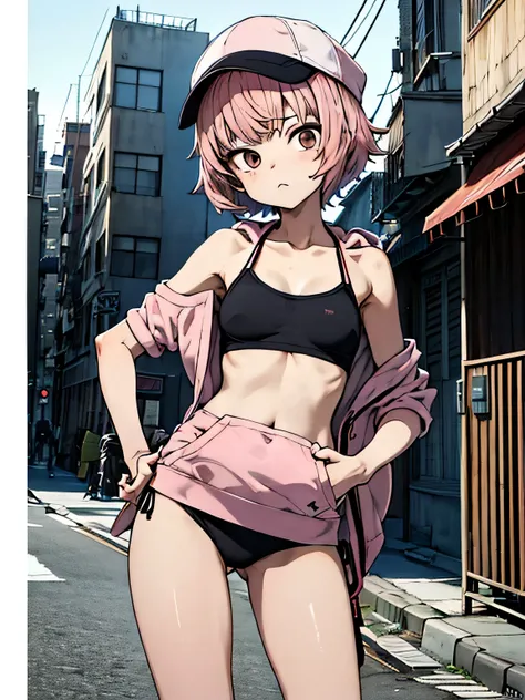 masutepiece,1girl in,２２age、Solo,Bery short hair、,The bikini、
Pink hair,Hoodie,off shoulders:1.2, mob cap, Street,put hands on the hip, hands on pockets,