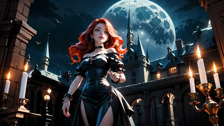 ((1girl)), long red hair, choker collar, bracelets, long Victorian style black dress, standing, dramatic pose, cowboy shot, gothic castle, night, nighttime, one moon, moonlight, candles, candlelight, dramatic lighting, cinematic lighting, 