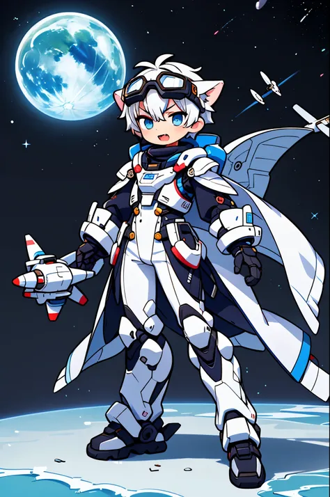 Game CG，4K quality，((14 year old male boy))，Handsome face，straight hair，sharp eyes，wolf ears，((blue goggles on head)) ，fangs, glad，full body portrait，(Wearing blue and white full-body mechanical armor)，turtleneck bodysuit，Mecha gloves， white boots, Floatin...