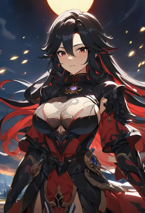 ((solo)), (woman), cherry red eyes, raven black hair, very long messy hair, vibrant red colored inner hair, (sculpted body), medium-big breasts, thick, mature body, a close up of a person with a scythe in a desolate land detailed key anime art, acheron, ca...