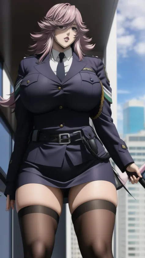 Yayoi_Kusakabe, High-Rise Invasion, 1girl, solo, big breast, thicc thighs, muscular body, highly detailed, extremely detailed