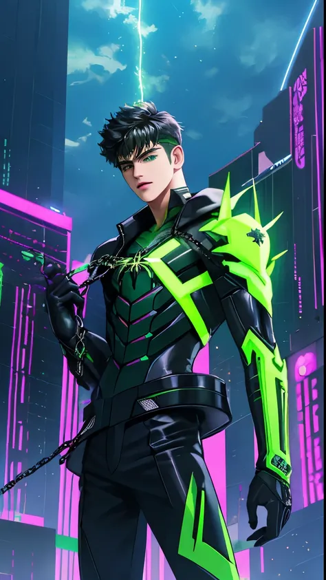 Masterpiece, HD, 3D, Realistis, 1 boy, Straight hair, Green and black cyber costume, neon, perfect lightning, Holding a Barbed Chain, Spider in cyber costume, futuristic Building