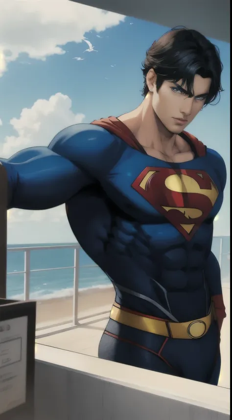 1 man, superhero,Superman,black hair, short hair, blue eyes, detailed eyes,Alone focus, simple background, male focus, Alone, standing, sung Jin-Woo, portrait,, (artwork:1.0), ( Best quality:1.0), (8K wallpaper:1.0), (detailed beautiful face:1.0), (detaile...