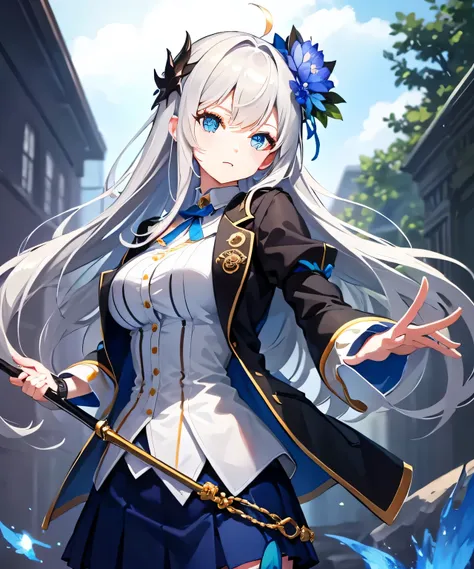 (masterpiece}, {High resolution}, {good anatomy}, (highest quality), (very delicate and beautiful), (8K CG壁紙), (An illustration), 1 girl, silver hair, blue lily flower, white shirt, black jacket, blue skirt, partial braid, have a dagger, battle pose