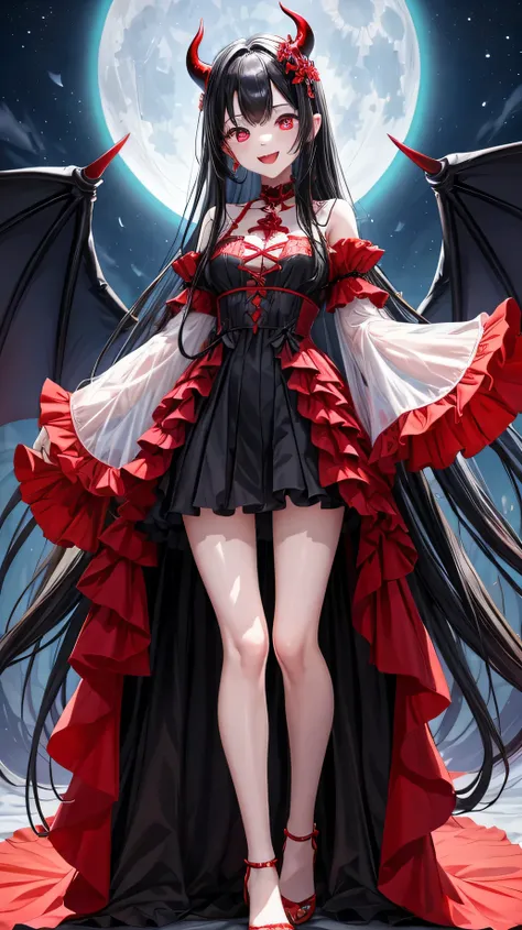 One beautiful devil girl、Black hair close to blue、red eyes、tooth、standing position、full body shot、black luxury dress、Transparent white skin、Red Moon、god々new light、night sky、smile、open your mouth、