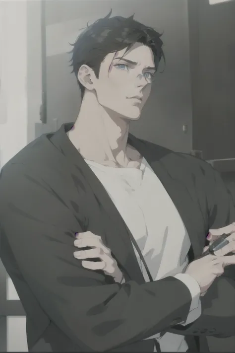 a realistic of a man with a black jacket and white shirt, handsome man, handsome realistic pose, male realistic character, style, tall anime guy with blue eyes,