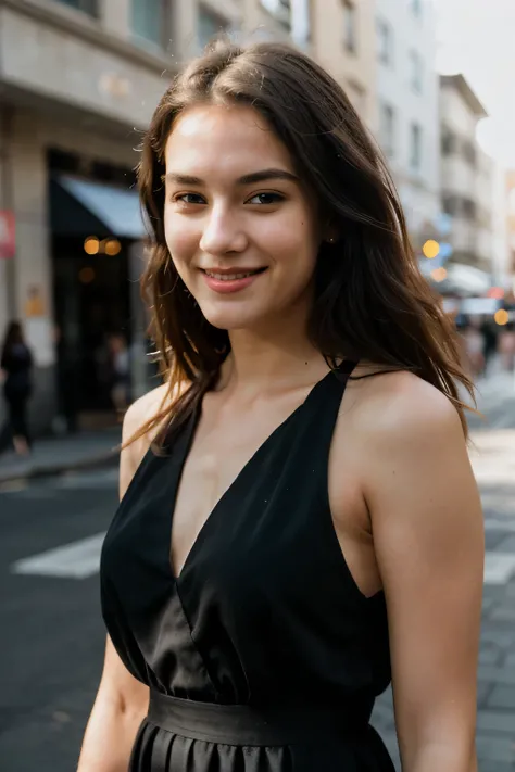 RAW photo, face portrait photo of beautiful 26 y.o woman, cute face, wearing black dress, happy face, hard shadows, cinematic shot, dramatic lighting