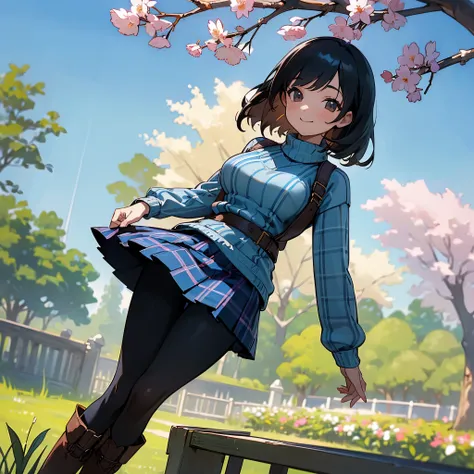 (high quality, High resolution, Super detailed, reality:1.37), peaceful atmosphere, (outdoor, garden ,Cherry tree), teenage girl standing alone, (my breasts are big.), Beautiful detail features, cute smile, (black bob hair), ribbed sweater, blue plaid skir...