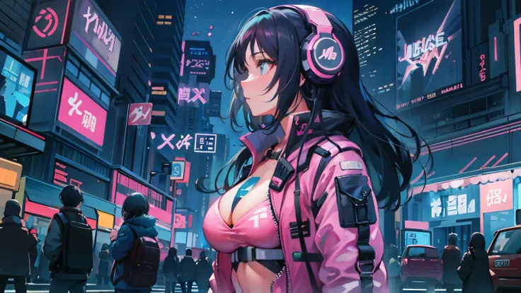 masterpiece,Anime-style illustration showing a young woman in her 20s wearing a futuristic plunging costume, facing right, Standing in the middle of the street in a cyberpunk nightlife district. she has long pinkish black hair、Wearing pink glowing headphon...