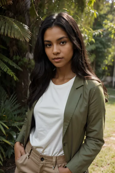 Woman with dark skin Black hair Light brown eyes of indigenous origins Wearing moss green blazers with a light beige t-shirt 