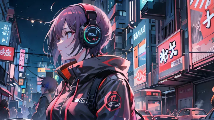 masterpiece,Anime-style illustration showing a young woman in her 20s wearing a futuristic plunging outfit, facing right, Stand in the middle of the street in a cyberpunk nightlife district. sheはピンクがかった黒髪の長い髪を持っています、Wearing pink glowing headphones. big bre...