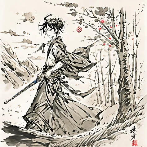 an ancient chinese boy with a long sword at his waist，walking on the narrow path，walking towards the rolling mountains