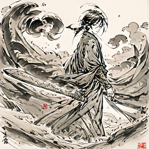 an ancient chinese boy with a long sword at his waist，walking on the narrow path，walking towards the rolling mountains，the propo...