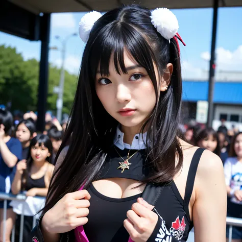 Best-quality, Masterpiece, Ultra-High-Resolution, (Photorealistic:1.4), Raw-Photo, 1girl, the most famous Japanese idol, wearing costume like punk-rockers, extremely cute face like the most popular Japanese idol, extremely beautiful big-blackeyes, extremel...