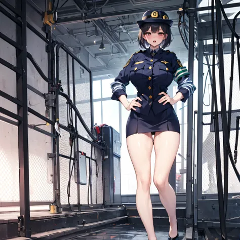 (solo:1.2), (1 policewoman), very tight miniskirt, thigh gap, stiletto heels, narrow shoulders, (bursting disproportionately huge breasts:1.2), narrow waist, (slim hip), (skinny long legs), short hair, open legs, pigeon toed, right hand on hip, orgasm, pus...