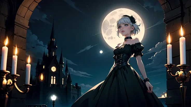 ((1girl)), short white hair, choker collar, bracelets, Victorian style long black dress, standing, dramatic pose, cowboy shot, gothic castle, night, nighttime, one moon, moonlight, candles, candlelight, dramatic lighting, cinematic lighting, 