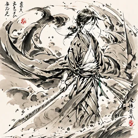 an ancient chinese boy with a sword at his waist，walking on the narrow path，walking towards the rolling mountains，the proportion...