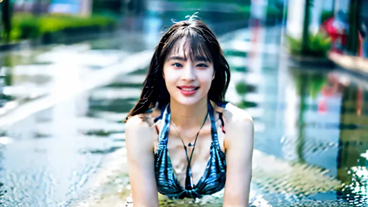 ((highest quality, 8K, masterpiece: 1.3)), sharp: 1.2, perfect body beauty: 1.4, slim abs: 1.2, (layered hairstyles, big)), Wear bikini, bikini, (rain, street: 1.2), Wet: 1.5, Highly detailed face and skin texture, fine eyes, double eyelid, Looking at the ...