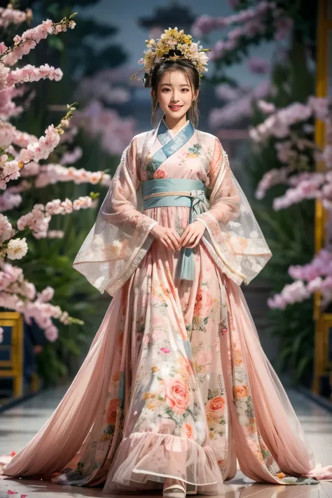 beautiful model walking on the catwalk，perform modeling steps。wear a ming dynasty hanfu dress，rose long dress，princess dress，gor...