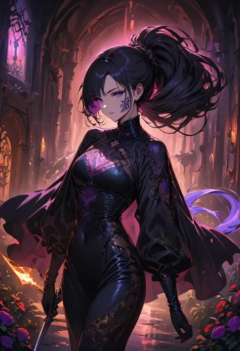 a detailed portrait of a female assassin in a dark fantasy setting, with long flowing hair in shades of black and purple, tattoo...