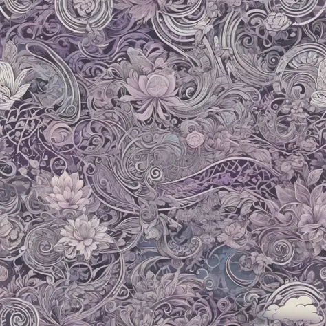 a subtle pattern that looks like us money, extreme details, very intricate, microscopic details, lots of curvy line patterns, flowers, clouds, and dollar symbols, mostly grayscale, extremely faint pink blue and purple highlights