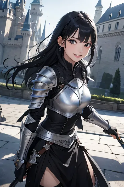 ８Ｋ、highest quality、female knight、The background is a castle、luxurious silver armor、heavy equipment、black hair、hairstyle short cut、smile、beautiful teeth、full body photo、ear piercing、

