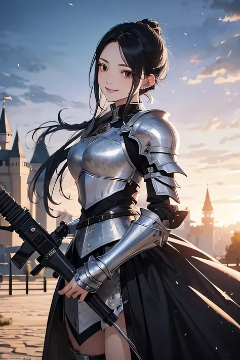 ８Ｋ、highest quality、female knight、The background is a castle、luxurious silver armor、heavy equipment、black hair、hairstyle short cut、smile、beautiful teeth、full body photo、ear piercing、

