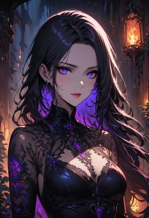 a detailed portrait of a female assassin in a dark fantasy setting, with long flowing hair in shades of black and purple, tattoo...