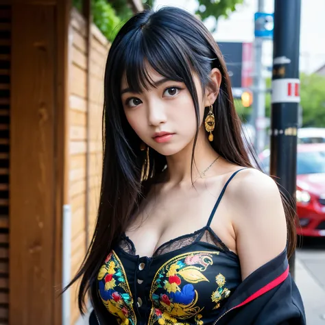 Best-quality, Masterpiece, Ultra-High-Resolution, (Photorealistic:1.4), Raw-Photo, 1girl, the most famous Japanese idol, wearing costume like punk-rockers, extremely cute face like the most popular Japanese idol, extremely beautiful big-blackeyes, extremel...