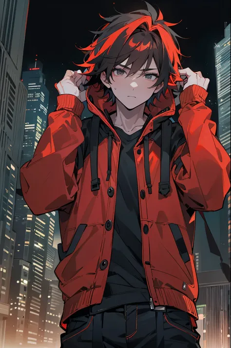 1male, messy hair, short hair, split colored hair, two tone hair, black hair, red hair, black eyes, red hoodie, black undershirt, jeans, hands in pockets, expressionless, city background