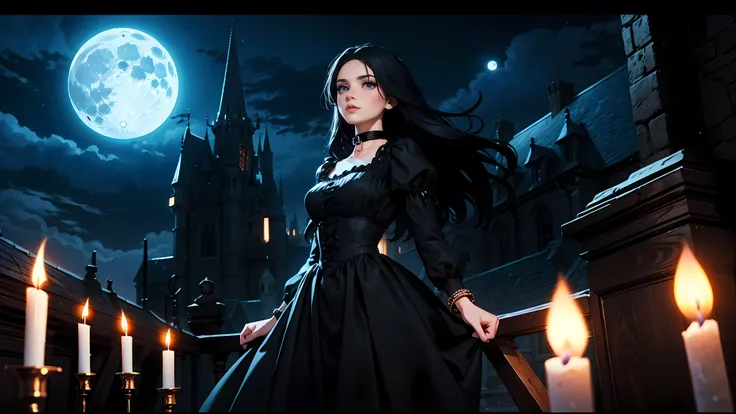 ((1girl)), long black hair, choker collar, bracelets, Victorian style long black dress, standing, dramatic pose, cowboy shot, gothic castle, night, nighttime, one moon, moonlight, candles, candlelight, dramatic lighting, cinematic lighting, 