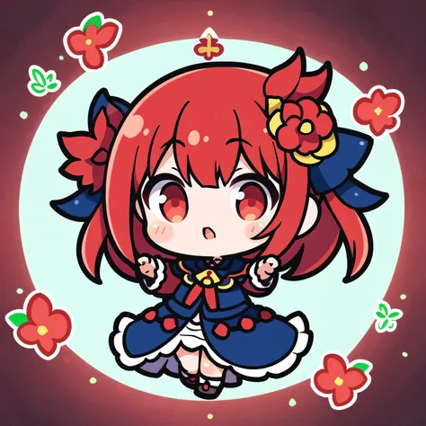 Uma , chibi,chifres de demonio, flores, floresta ,symmetrical pose, cauda de demonio, pele vermelha 