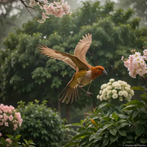 A weaver bird flying in the mist of flowers