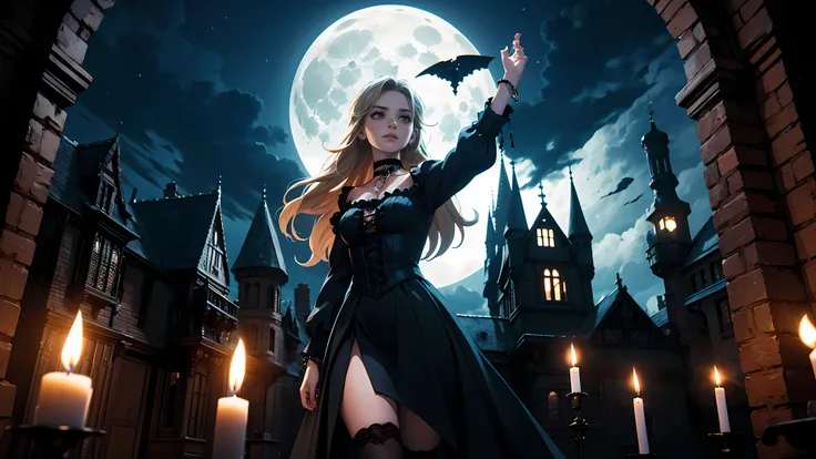 ((1girl)), long blonde hair, choker collar, bracelets, Victorian style long black dress, standing, dramatic pose, cowboy shot, gothic mansion, night, nighttime, one moon, moonlight, candles, candlelight, dramatic lighting, cinematic lighting, 