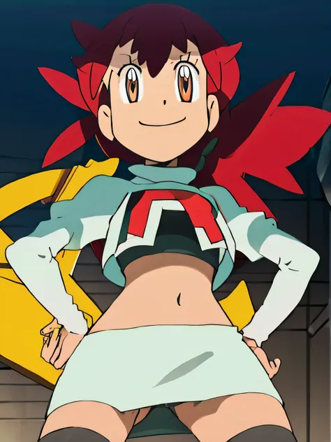 8k, masterpiece,highres, team rocket uniform, red letter r, white skirt,white crop top,black thigh-high boots, black elbow gloves, smiling, looking down at viewer, hands on hips, cowboy shot, zettai ryouiki,from below, black panties,anime style, vivid colo...