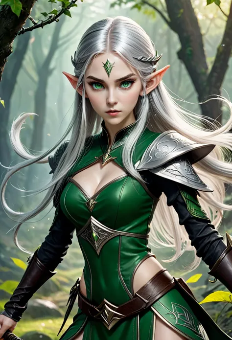 (master piece), 8k, best quality, panoramic view, full body, Elf, young, 17 years old, With slightly flushed white skin, long silver hair. Her body was slender and athletic, with a height of 168cm that gave her a natural elegance. Her green eyes, pointy ea...